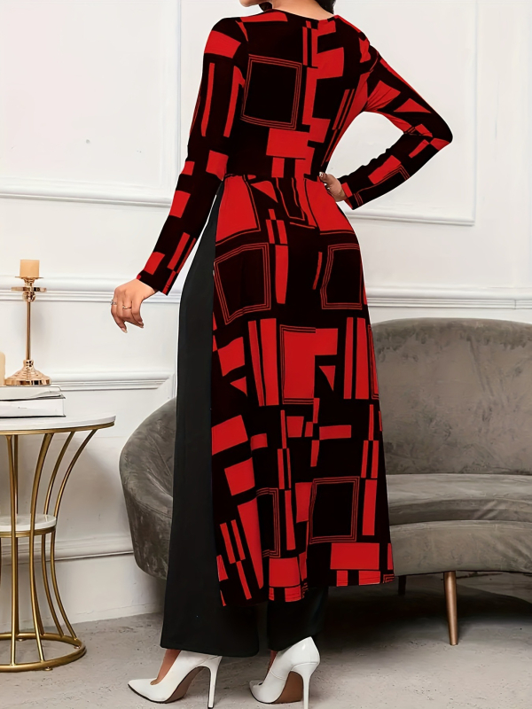 Гащеризон с дълги ръкави, печатен дизайн, еластична полиестер-спандекс материя (95%+), прави крачоли със средно повдигната талия