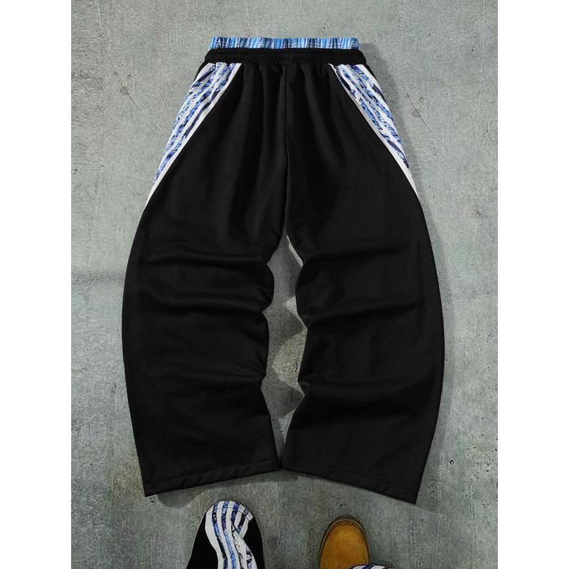 Pantaloni casual unisex cu imprimeu cu dungi, talie cu șnur, croială lejeră, fleece căptuțit, pentru patru sezoane