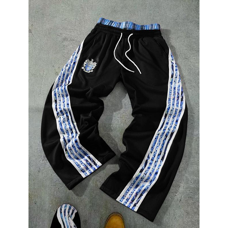 Pantaloni casual unisex cu imprimeu cu dungi, talie cu șnur, croială lejeră, fleece căptuțit, pentru patru sezoane