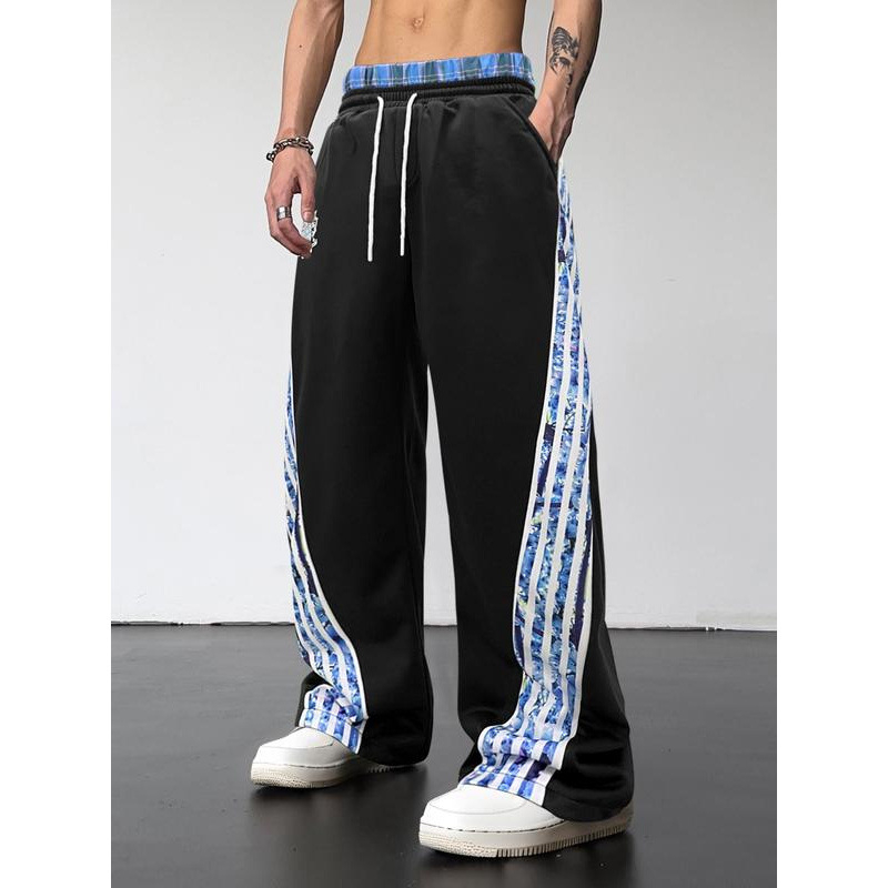 Pantaloni casual unisex cu imprimeu cu dungi, talie cu șnur, croială lejeră, fleece căptuțit, pentru patru sezoane