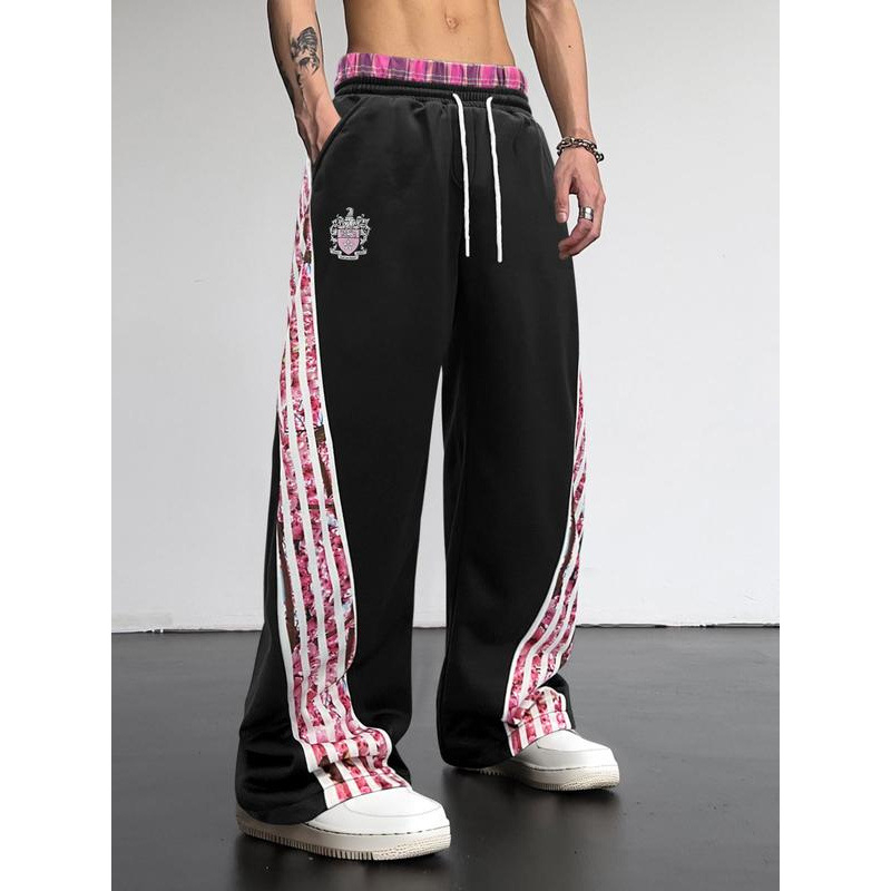 Pantaloni casual unisex cu imprimeu cu dungi, talie cu șnur, croială lejeră, fleece căptuțit, pentru patru sezoane