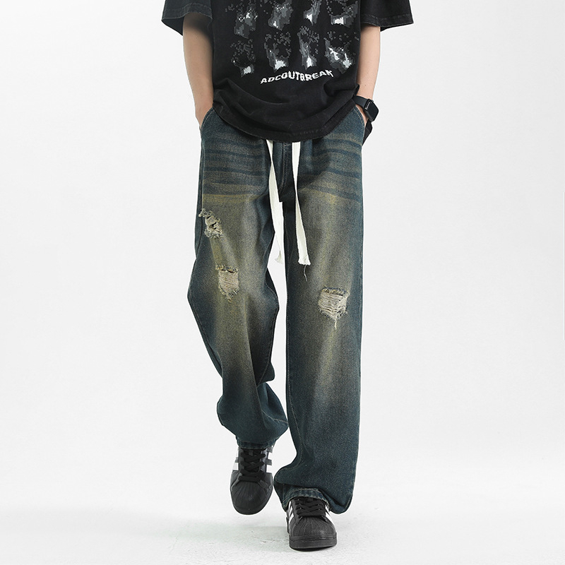 Αντρικά τζιν από βαμβακερό ντένιμ, 61,1% βαμβάκι, μεσαία μέση, ίσια γραμμή, πλύσιμο με άμμο