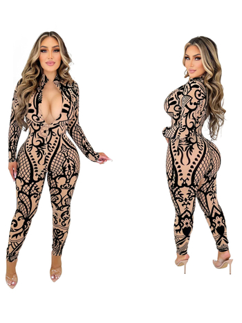 Γυναικείος ολόσωμος συνδυασμός με μακριά μανίκια - γεωμετρικό εκτύπωμα, πολυεστέρας, στενή εφαρμογή, μέση μεσαία