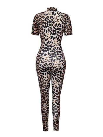Γυναικείος ολόσωμος jumpsuit με λεοπάρ μοτίβο, στενή γραμμή, στάντ γιακά, μανίκια 3/4, φαρδιά παντελόνια (Ύφασμα: Milk Silk; Κύρια Ύφανση: Polyester; Περιεκτικότητα: >95%)