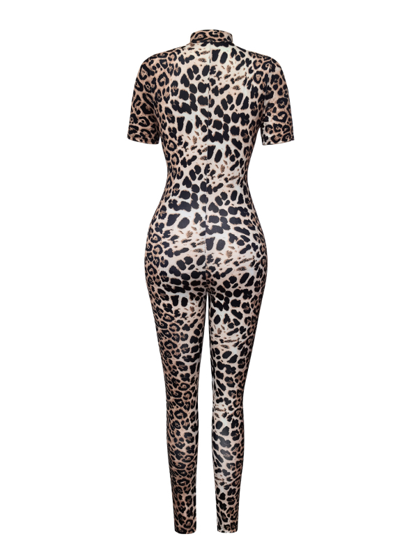 Γυναικείος ολόσωμος jumpsuit με λεοπάρ μοτίβο, στενή γραμμή, στάντ γιακά, μανίκια 3/4, φαρδιά παντελόνια (Ύφασμα: Milk Silk; Κύρια Ύφανση: Polyester; Περιεκτικότητα: >95%)