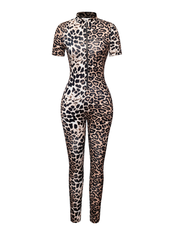 Γυναικείος ολόσωμος jumpsuit με λεοπάρ μοτίβο, στενή γραμμή, στάντ γιακά, μανίκια 3/4, φαρδιά παντελόνια (Ύφασμα: Milk Silk; Κύρια Ύφανση: Polyester; Περιεκτικότητα: >95%)