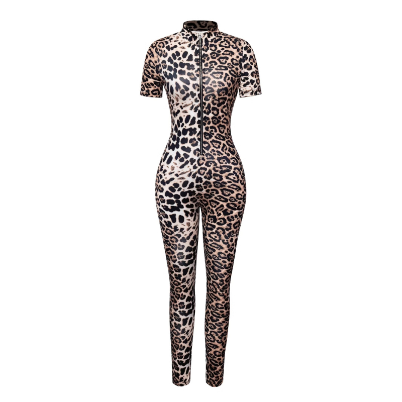 Γυναικείος ολόσωμος jumpsuit με λεοπάρ μοτίβο, στενή γραμμή, στάντ γιακά, μανίκια 3/4, φαρδιά παντελόνια (Ύφασμα: Milk Silk; Κύρια Ύφανση: Polyester; Περιεκτικότητα: >95%)