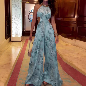 Ολόσωμο παντελόνι με print που αποκαλύπτει τη μέση, φαρδιά γραμμή, πολυεστέρας, casual καλοκαίρι 2025