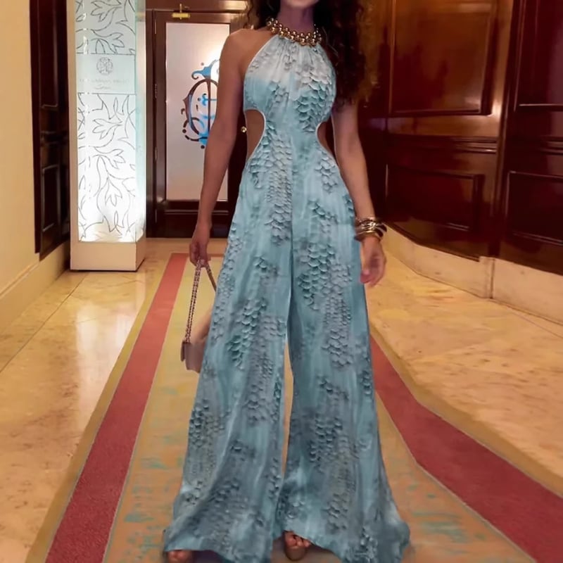 Ολόσωμο παντελόνι με print που αποκαλύπτει τη μέση, φαρδιά γραμμή, πολυεστέρας, casual καλοκαίρι 2025