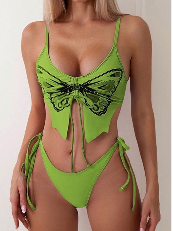 Γυναικείο μπικίνι με μοτίβο πεταλούδας και ανοιχτό πίσω, με επένδυση στο μπούστο, πολυεστερικό ύφασμα με επένδυση από σπαντεξ, κατάλληλο για κολύμβηση