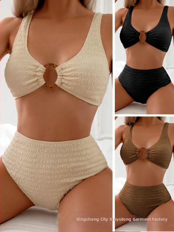 Γυναικείο μπικίνι δύο τεμαχίων με επενδεδυμένο πάνω μέρος και υψηλή μέση με διακοσμητικό δαχτυλίδι, πολυεστερικό μαγιό