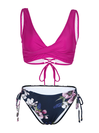 Γυναικείο μπικίνι με φιόγκο, φλοραλ ρίγες, διπλής όψεως σχέδιο; με επένδυση για το στήθος, χωρίς μεταλλική υποστήριξη; ύφασμα 82% πολυεστέρας, 18% σπαντέξ