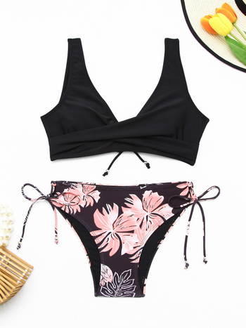 Γυναικείο μπικίνι με φιόγκο, φλοραλ ρίγες, διπλής όψεως σχέδιο; με επένδυση για το στήθος, χωρίς μεταλλική υποστήριξη; ύφασμα 82% πολυεστέρας, 18% σπαντέξ