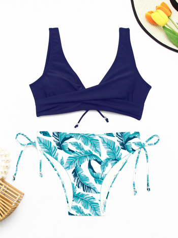 Γυναικείο μπικίνι με φιόγκο, φλοραλ ρίγες, διπλής όψεως σχέδιο; με επένδυση για το στήθος, χωρίς μεταλλική υποστήριξη; ύφασμα 82% πολυεστέρας, 18% σπαντέξ