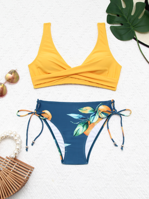 Γυναικείο μπικίνι με φιόγκο, φλοραλ ρίγες, διπλής όψεως σχέδιο; με επένδυση για το στήθος, χωρίς μεταλλική υποστήριξη; ύφασμα 82% πολυεστέρας, 18% σπαντέξ