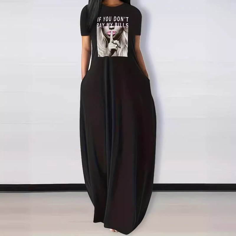 Rochie lungă cu imprimeu litere, din Milk Silk, guler rotund, mâneci scurte, talie lejeră
