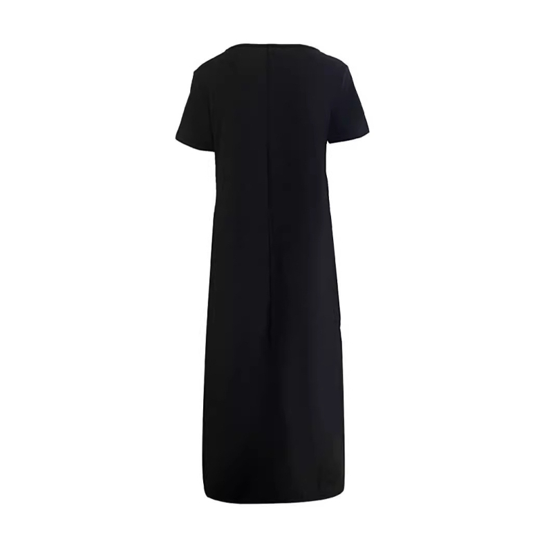 Rochie lungă cu imprimeu litere, din Milk Silk, guler rotund, mâneci scurte, talie lejeră