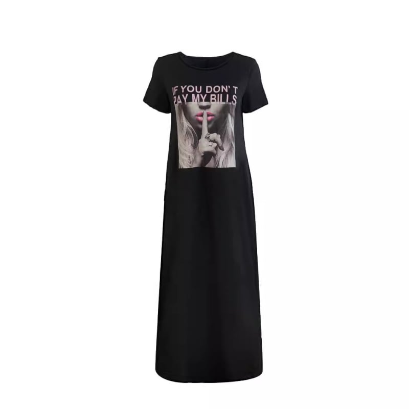 Rochie lungă cu imprimeu litere, din Milk Silk, guler rotund, mâneci scurte, talie lejeră