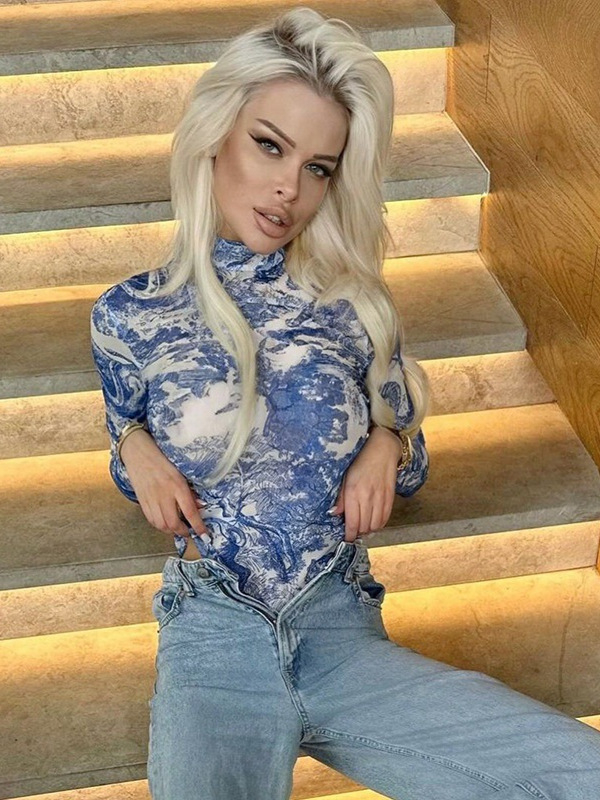 Γυναικείος ολόσωμος jumpsuit με σταθερό γιακά και αφαιρετικό print, πολυεστέρας με σπάντεξ, μακριά μανίκια, υψηλή μέση, παντελόνι τρία τέταρτα