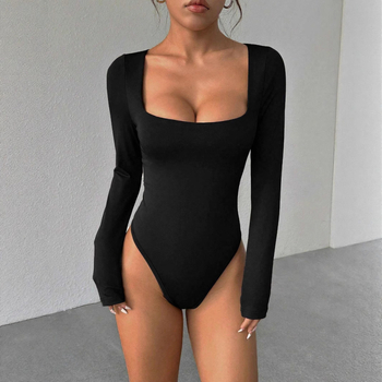 Γυναικείος φθινοπωρινός ολόσωμος συνδυασμός με τετράγωνου ντεκολτέ, μακριές μανίκια, στενή γραμμή, ψηλή μέση, πολυεστέρας