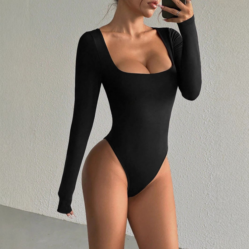 Γυναικείος φθινοπωρινός ολόσωμος συνδυασμός με τετράγωνου ντεκολτέ, μακριές μανίκια, στενή γραμμή, ψηλή μέση, πολυεστέρας