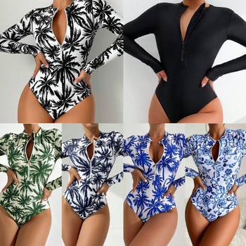 Едно парче бански с печат, дълги ръкави, висока талия, стегнато прилягане, подплатен бюст