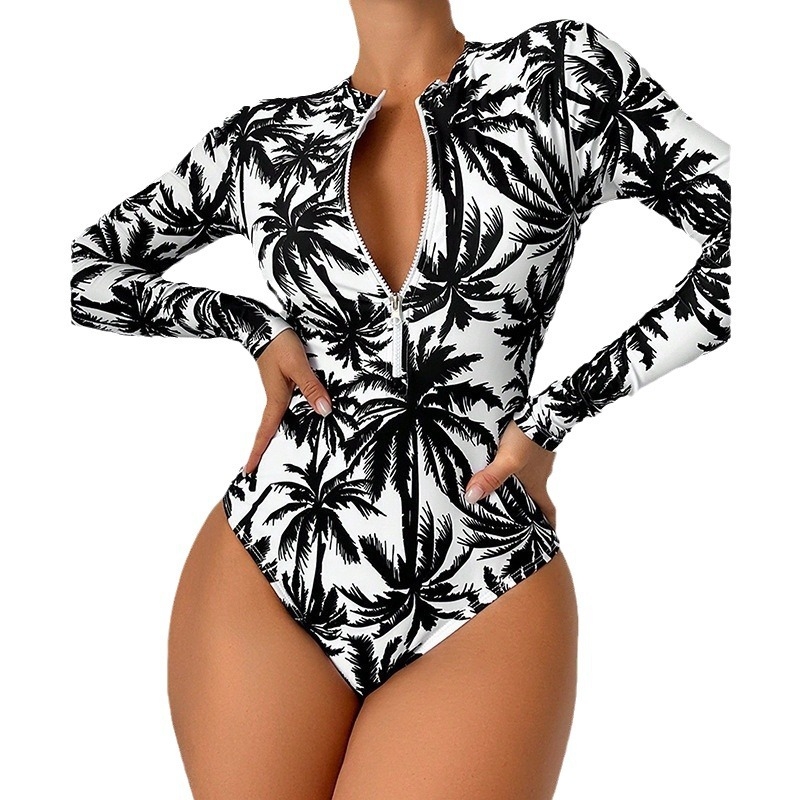 Едно парче бански с печат, дълги ръкави, висока талия, стегнато прилягане, подплатен бюст