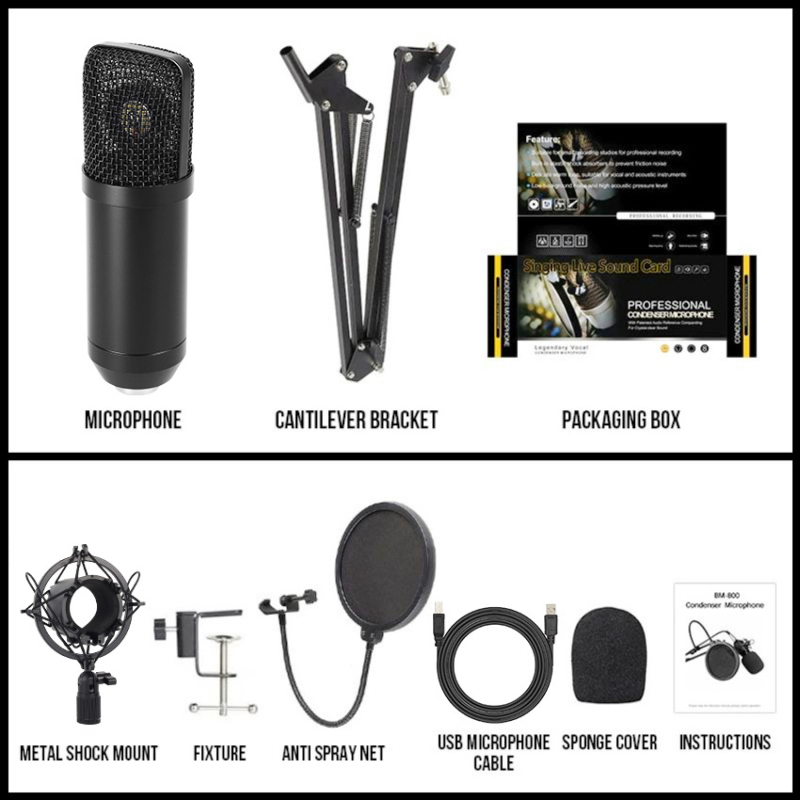 BM800 USB кондензаторен микрофон за компютър, безжичен, омнидирекционен, 20Hz-20kHz, SNR ≥70dB