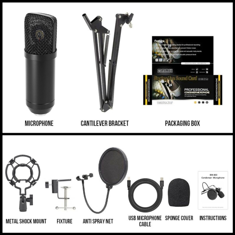 BM800 USB кондензаторен микрофон за компютър, безжичен, омнидирекционен, 20Hz-20kHz, SNR ≥70dB