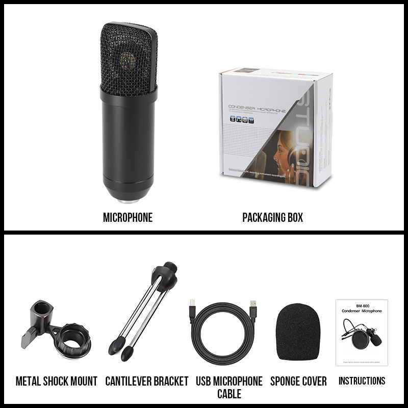 BM800 USB кондензаторен микрофон за компютър, безжичен, омнидирекционен, 20Hz-20kHz, SNR ≥70dB