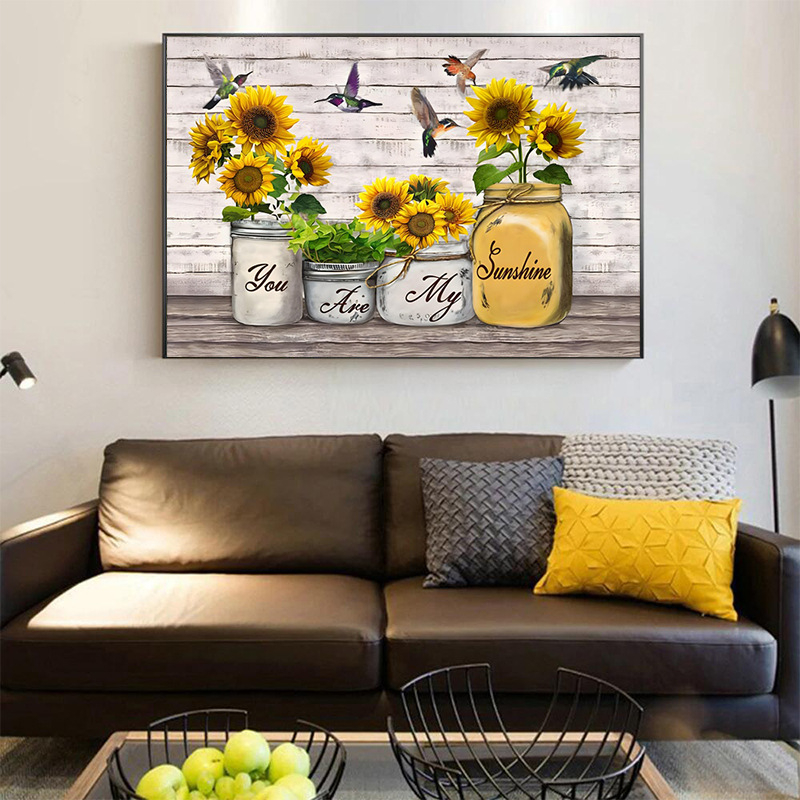 Слънчогледова картина върху платно – рамкирана в алуминиева рамка, маслено платно, инкджетен печат, модерен минималистичен стил, стенна украса за дневна, спалня, трапезария, антре и търговски пространства