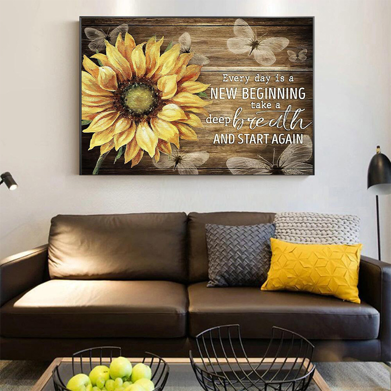 Слънчогледова картина върху платно – рамкирана в алуминиева рамка, маслено платно, инкджетен печат, модерен минималистичен стил, стенна украса за дневна, спалня, трапезария, антре и търговски пространства