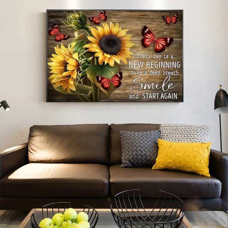 Слънчогледова картина върху платно – рамкирана в алуминиева рамка, маслено платно, инкджетен печат, модерен минималистичен стил, стенна украса за дневна, спалня, трапезария, антре и търговски пространства