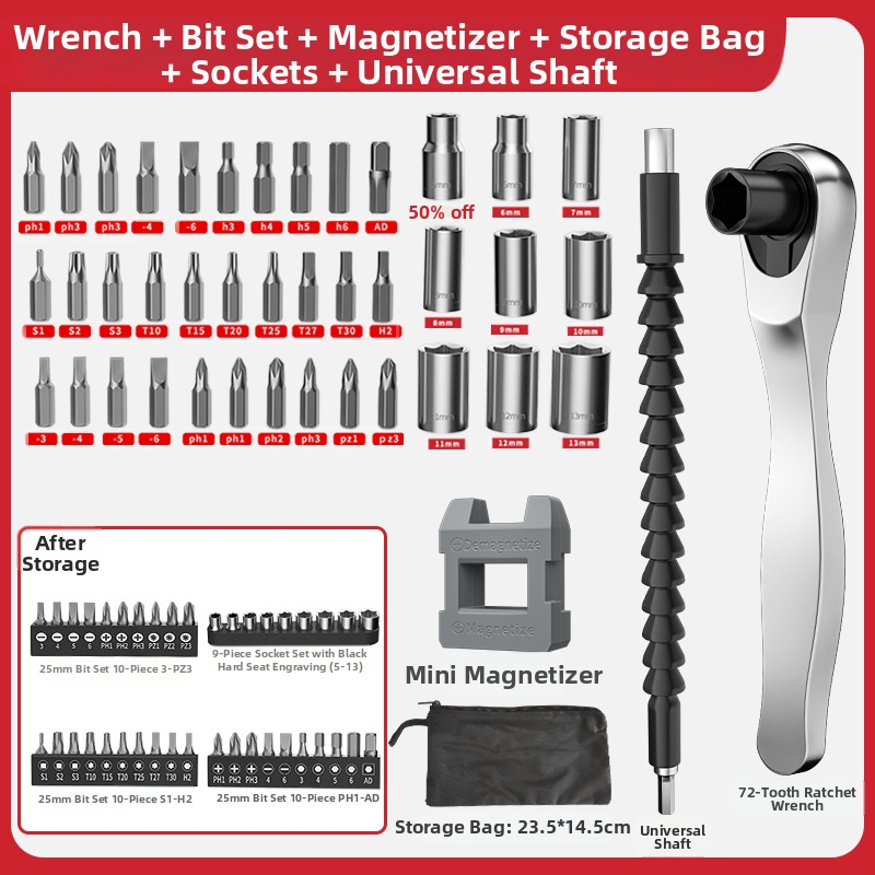 Fengwick Комплект шестогранни сокетни глави за винтоверт с рачна глава – хром-ванадий стомана, полирано покритие, включва мини рачна глава