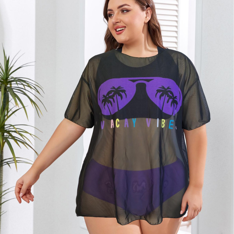 Σετ τριών τεμαχίων μαγιό με πάνω μέρος από εκτυπωμένο πλέγμα και επένδυση για το στήθος, ύφασμα πολυεστέρα με ελαστάνη