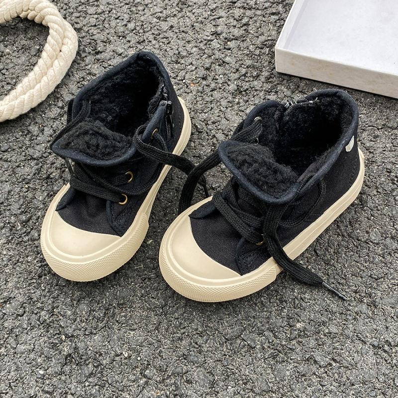 Bērnu augstas kanvas kurpes ar flīsa odai, korejiešu stila, sānu rāvējslēdzējs, gumijas zole