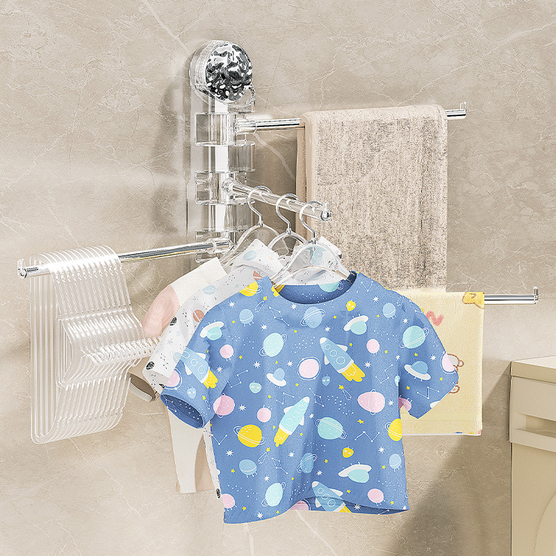 Стоманен вакуумен държач за кърпи, въртящ се, без пробиване, с множество рамена