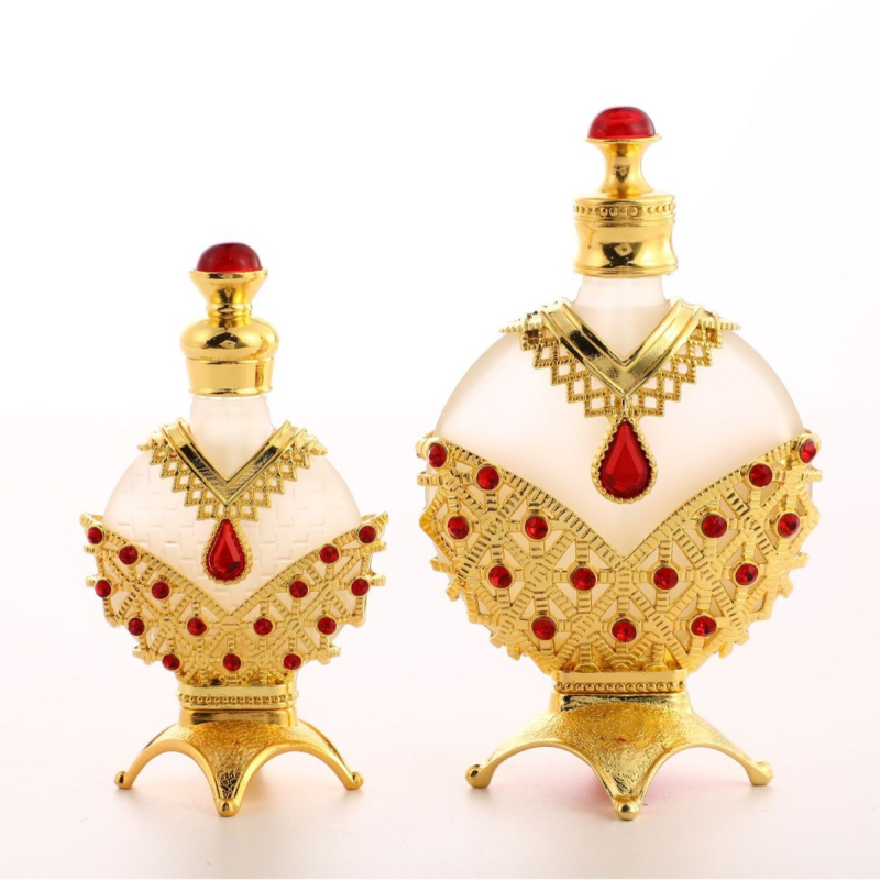 Парфюмна бутилка от стъкло и метал, изработена чрез духано формоване, без марка, без лицензиран частен етикет