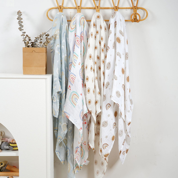 Бебешки 4‑частов комплект за баня, бамбуково‑памучна марля, двуслойна, за новородени (0–12 месеца), мотиви животни/карикатури/цветя, подходящ за лято, пролет и есен