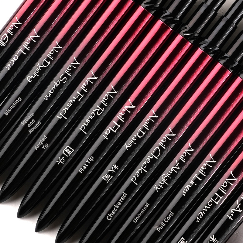 Набор за маникюр: четки за нанасяне на гел с глави плоска, кръгла, квадратна и овална; 4 бр. четки; дълги метални дръжки; фототерапевтична писалка