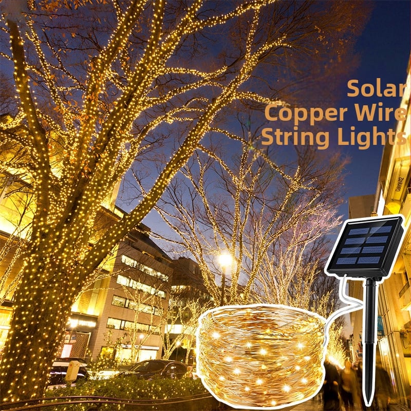 Соларен външен LED низ от медна жица, IP65 водоустойчив, 50 LED, дистанционно управление, празнична украса за дърво