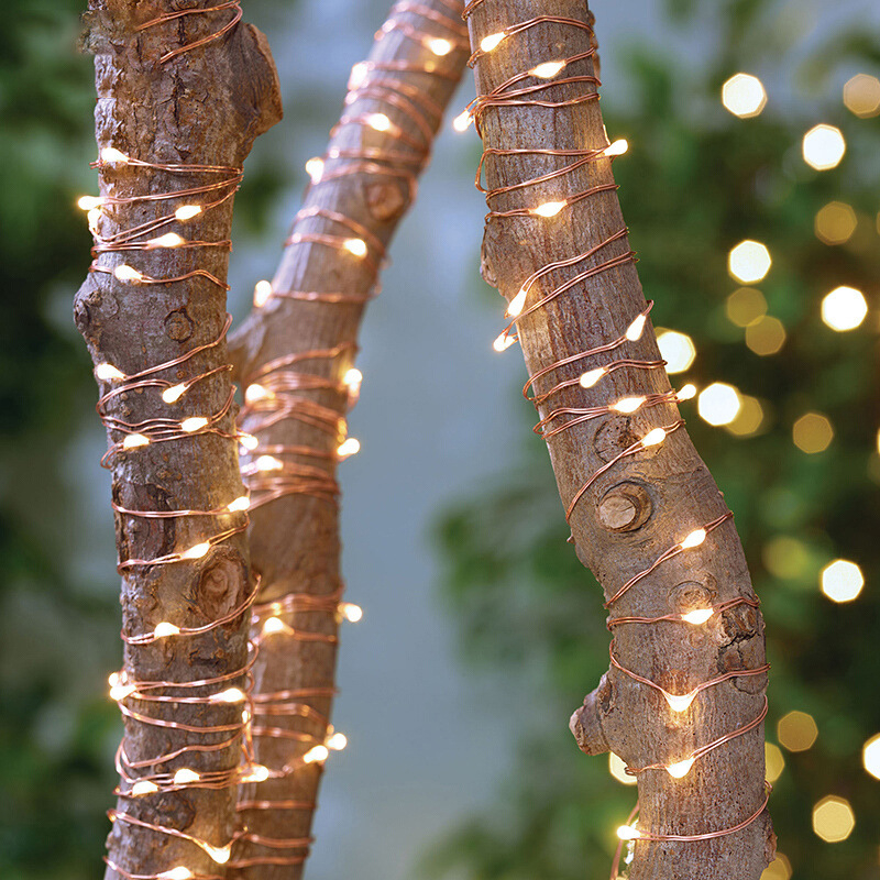 Соларен външен LED низ от медна жица, IP65 водоустойчив, 50 LED, дистанционно управление, празнична украса за дърво