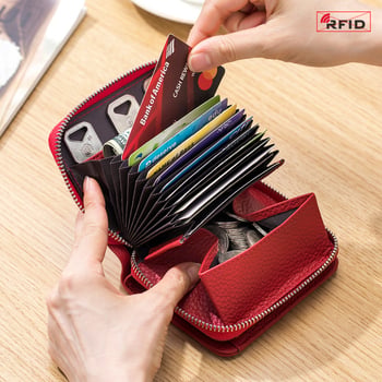 Ženski novčanik od prave kože – japanskog stila, gornja sloja teleće kože, bi-fold, RFID, velika kapaciteta, podstava od poliestera