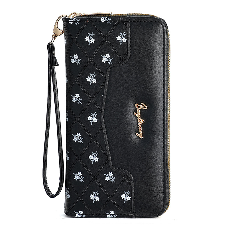 Portofel lung pentru telefon, stil coreean, embossat în culoare bloc, numeroase buzunare pentru carduri, PU material, imprimeu floral, căptușeală din piele sintetică, impermeabil, 2024