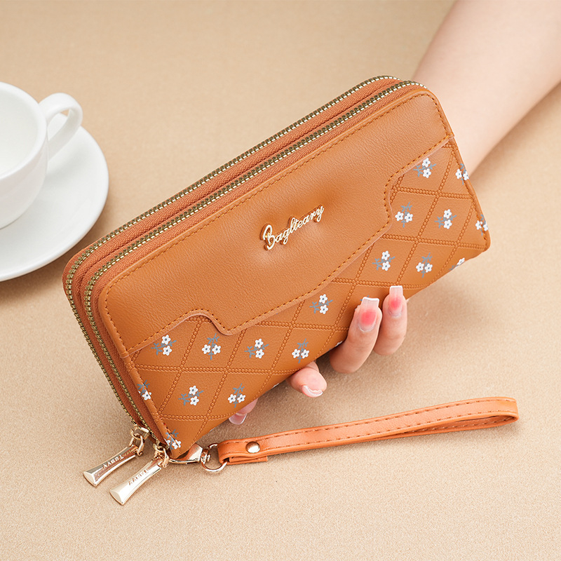 Portofel lung pentru telefon, stil coreean, embossat în culoare bloc, numeroase buzunare pentru carduri, PU material, imprimeu floral, căptușeală din piele sintetică, impermeabil, 2024