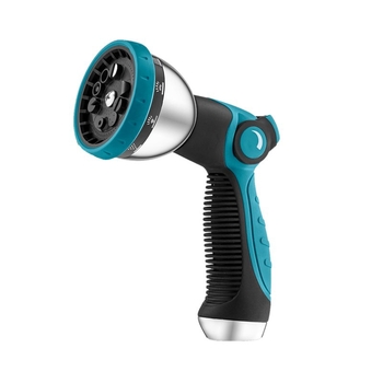 Augstas darba spiediena dārza ūdens pistole, galva no cinka sakausējuma, rokturis ar gumijas pārklājumu, izsmidzināšanas attālums 12 m, ūdens spiediens 8 kg, svars 0.4 kg