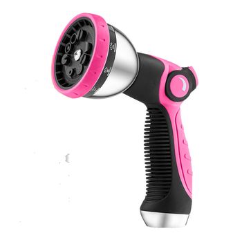 Augstas darba spiediena dārza ūdens pistole, galva no cinka sakausējuma, rokturis ar gumijas pārklājumu, izsmidzināšanas attālums 12 m, ūdens spiediens 8 kg, svars 0.4 kg