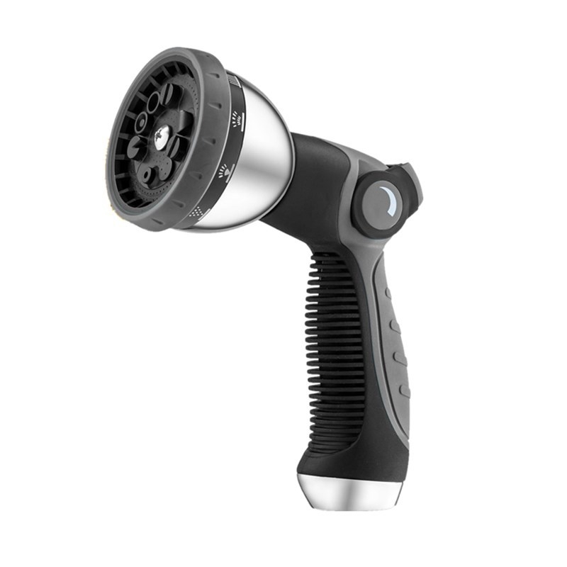 Augstas darba spiediena dārza ūdens pistole, galva no cinka sakausējuma, rokturis ar gumijas pārklājumu, izsmidzināšanas attālums 12 m, ūdens spiediens 8 kg, svars 0.4 kg