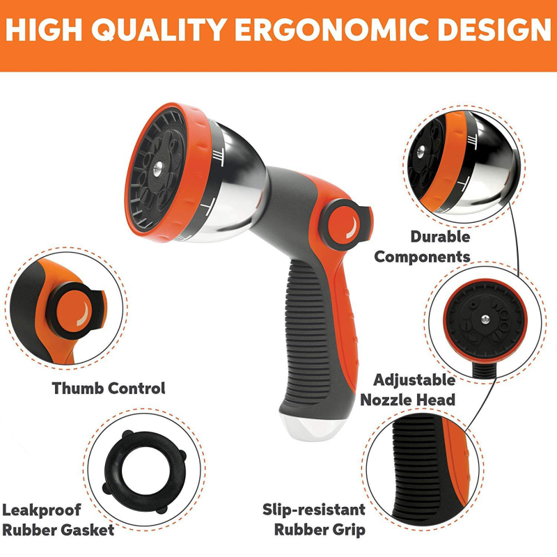 Augstas darba spiediena dārza ūdens pistole, galva no cinka sakausējuma, rokturis ar gumijas pārklājumu, izsmidzināšanas attālums 12 m, ūdens spiediens 8 kg, svars 0.4 kg