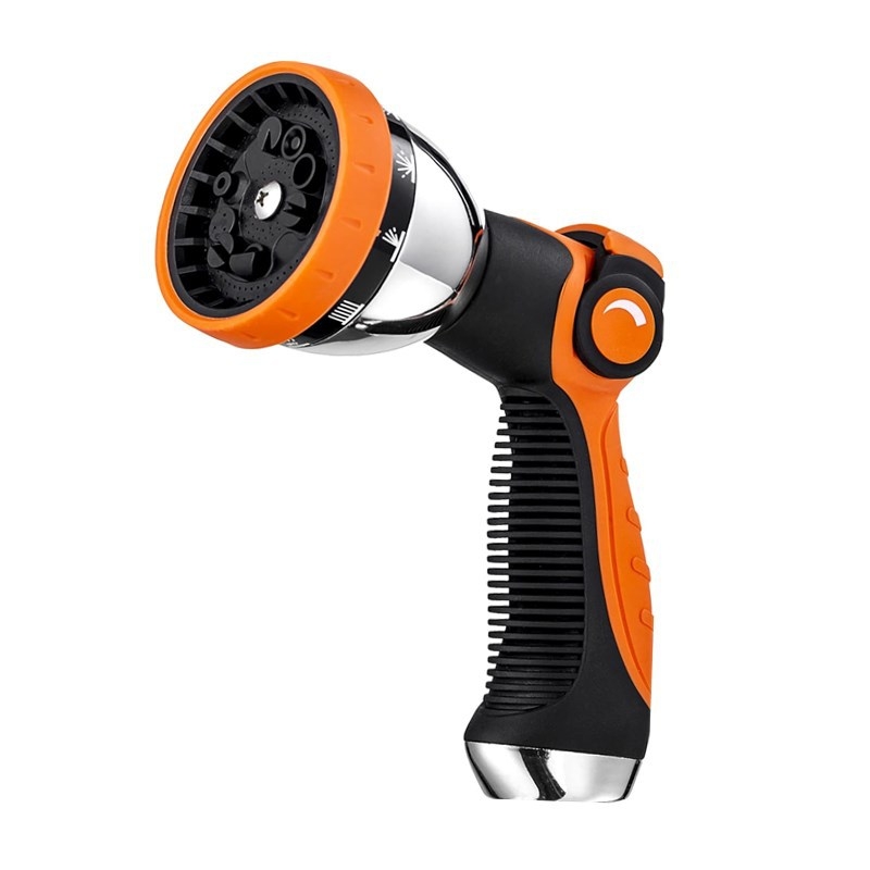 Augstas darba spiediena dārza ūdens pistole, galva no cinka sakausējuma, rokturis ar gumijas pārklājumu, izsmidzināšanas attālums 12 m, ūdens spiediens 8 kg, svars 0.4 kg